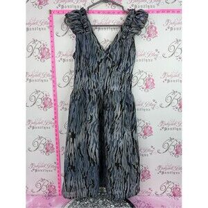 COUPE COLLECTION DRESS Ruffled Shoulder V-Neck Midi Dress in Gray and Black NEW